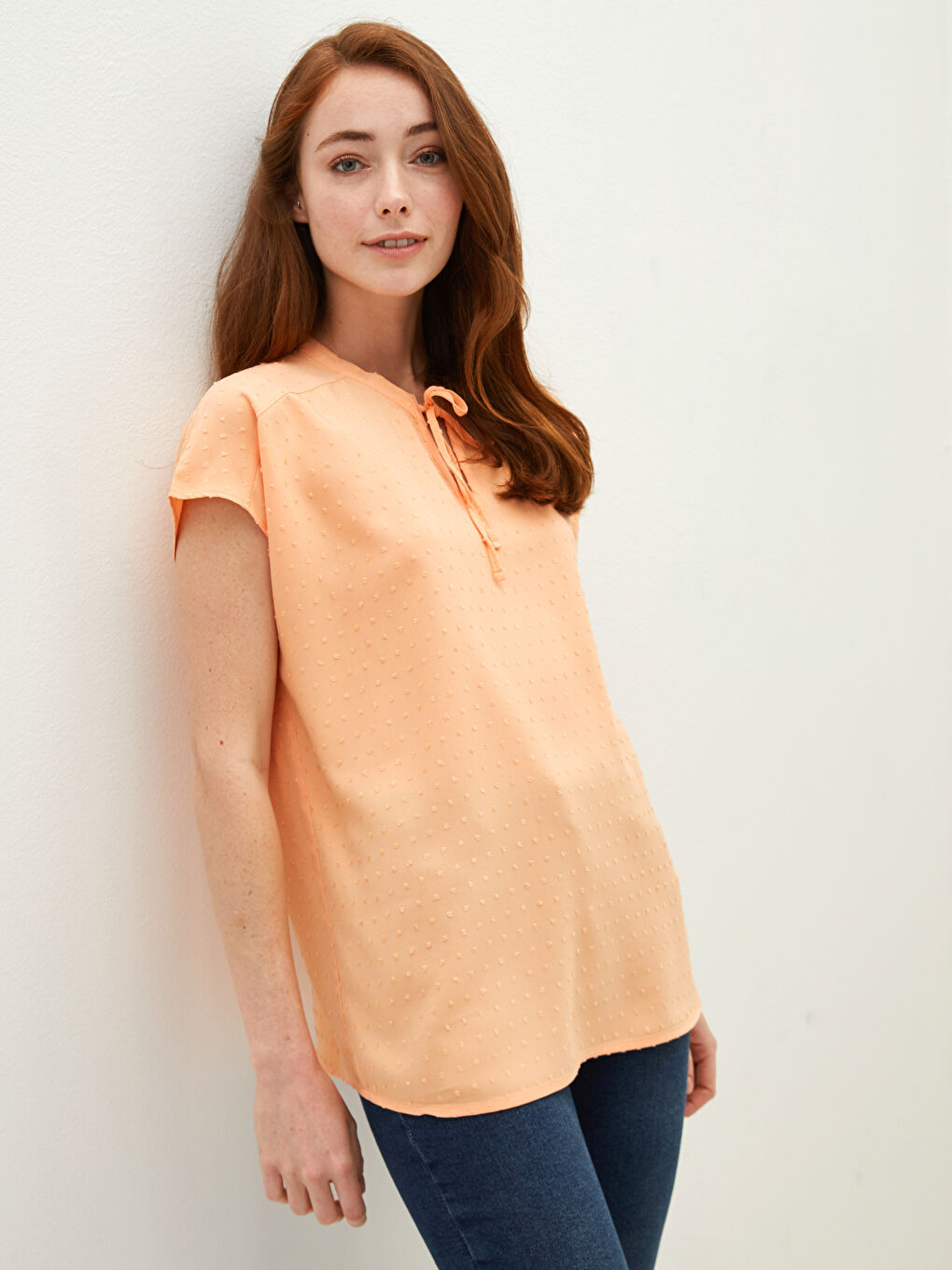 Tie Collar Patterned Short Sleeve Viscose Women's Blouse-1