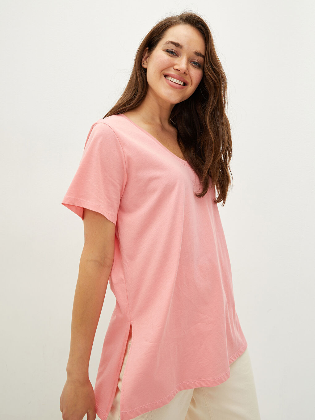 Plus Size V Neck Straight Short Sleeve Women T-Shirt-5