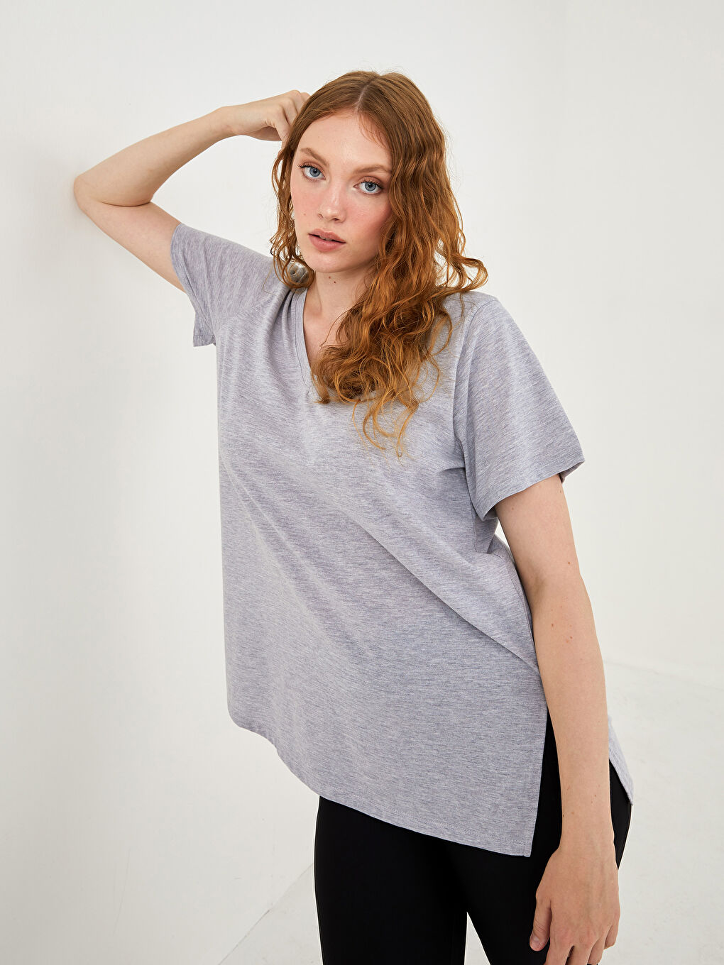 Tricou Damă Mărime Plus, Decolteu în V, Drept, Mânecă Scurtă