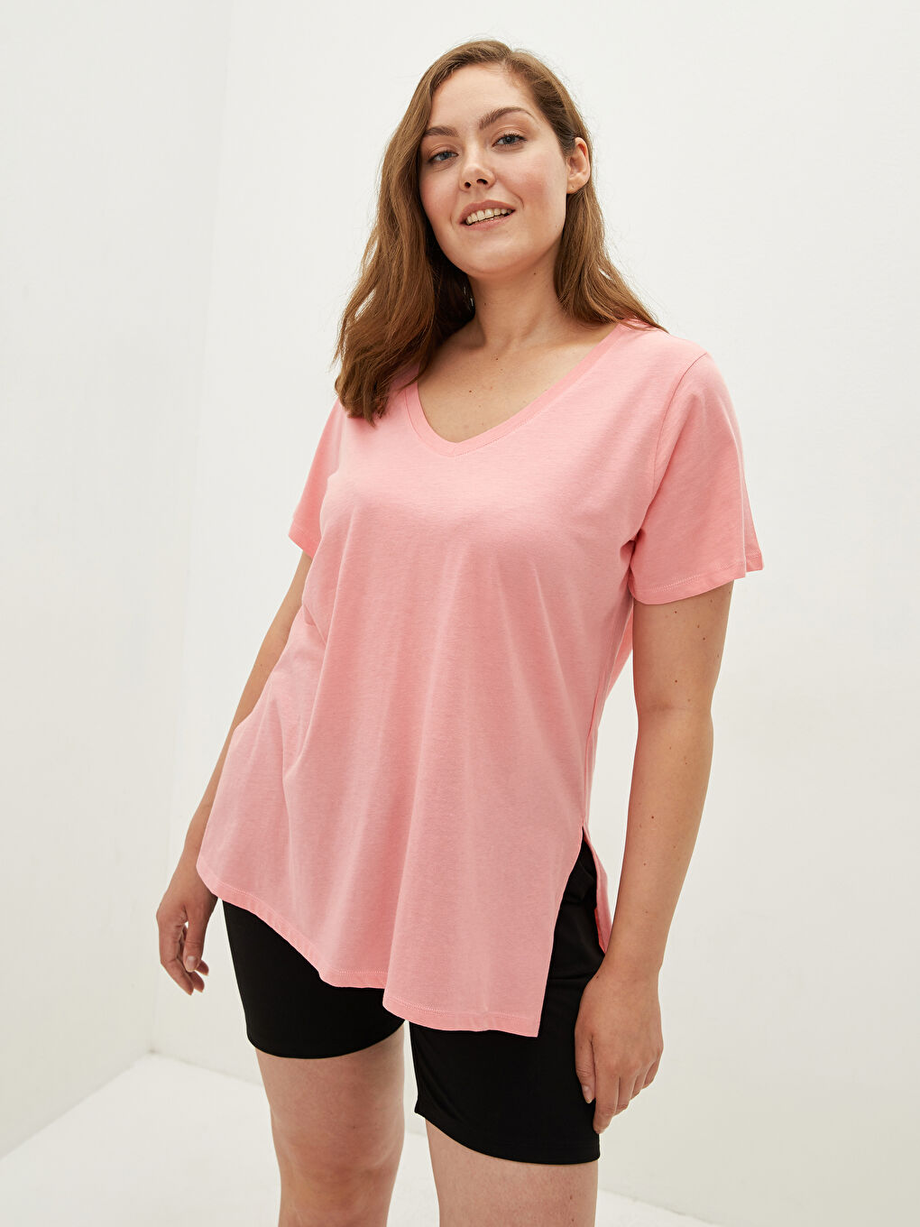 Plus Size V Neck Straight Short Sleeve Women T-Shirt-1