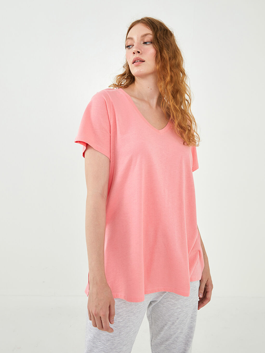 Plus Size V Neck Straight Short Sleeve Women T-Shirt-6