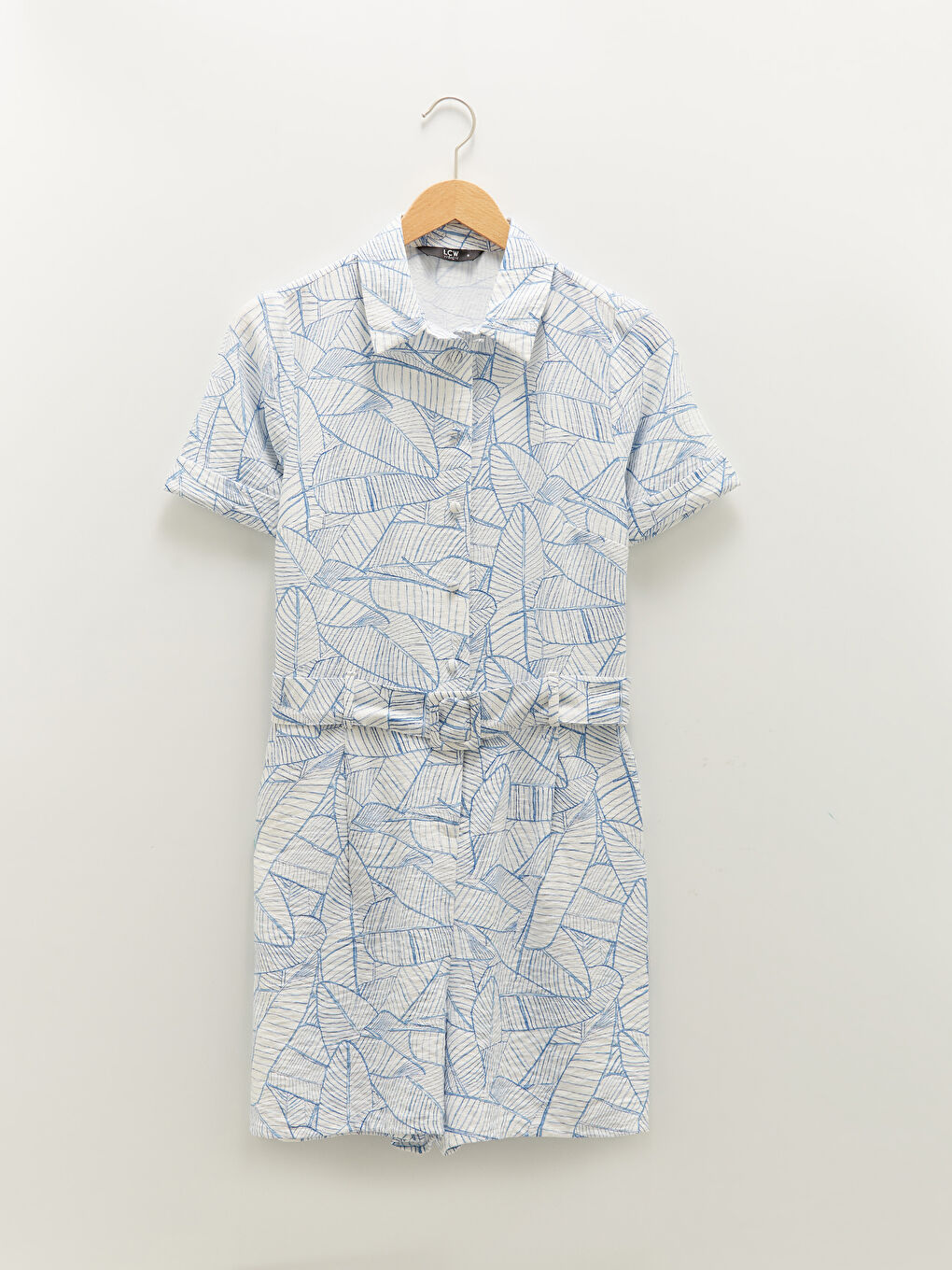 Mavi Gömlek Yaka Desenli Kısa Kollu Kadın Tulum-5