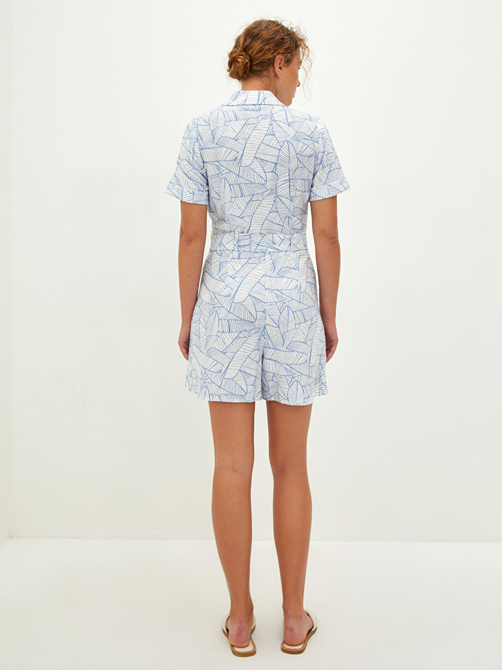 Mavi Gömlek Yaka Desenli Kısa Kollu Kadın Tulum-4