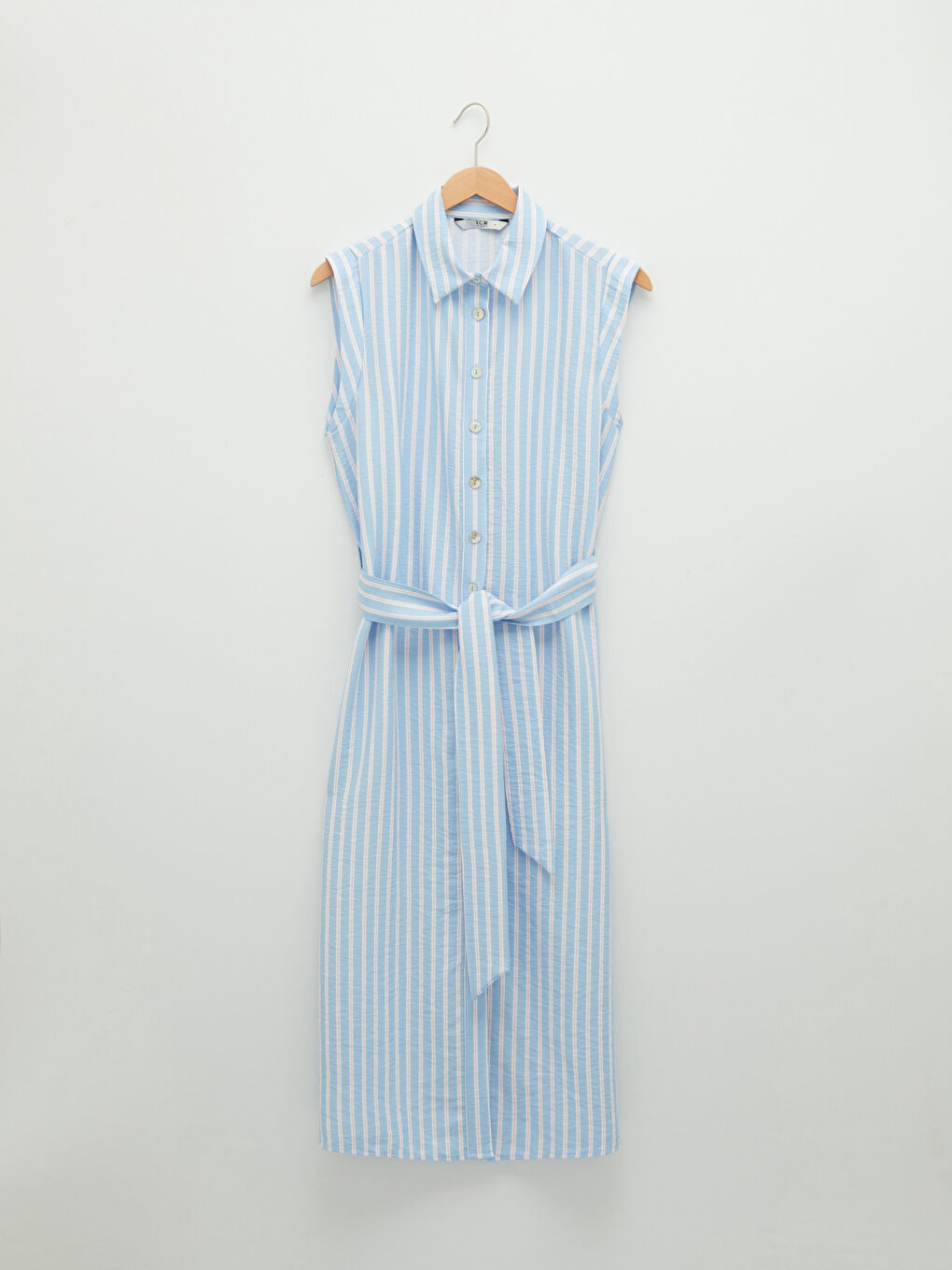 Rochie Femei cu Guler de Cămașă Vărgată Fără Mâneci cu Curea în Talie-6