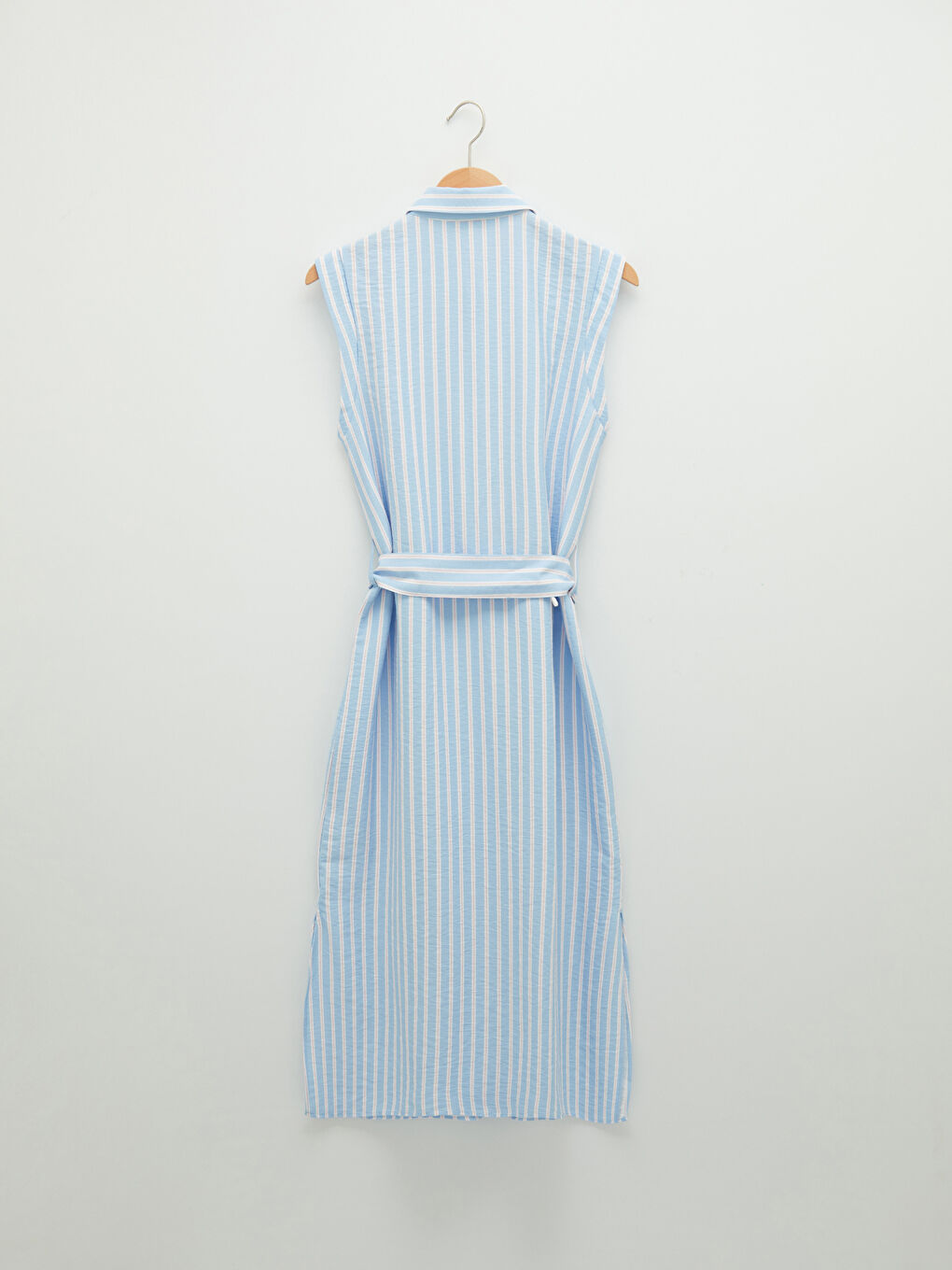 Rochie Femei cu Guler de Cămașă Vărgată Fără Mâneci cu Curea în Talie-7