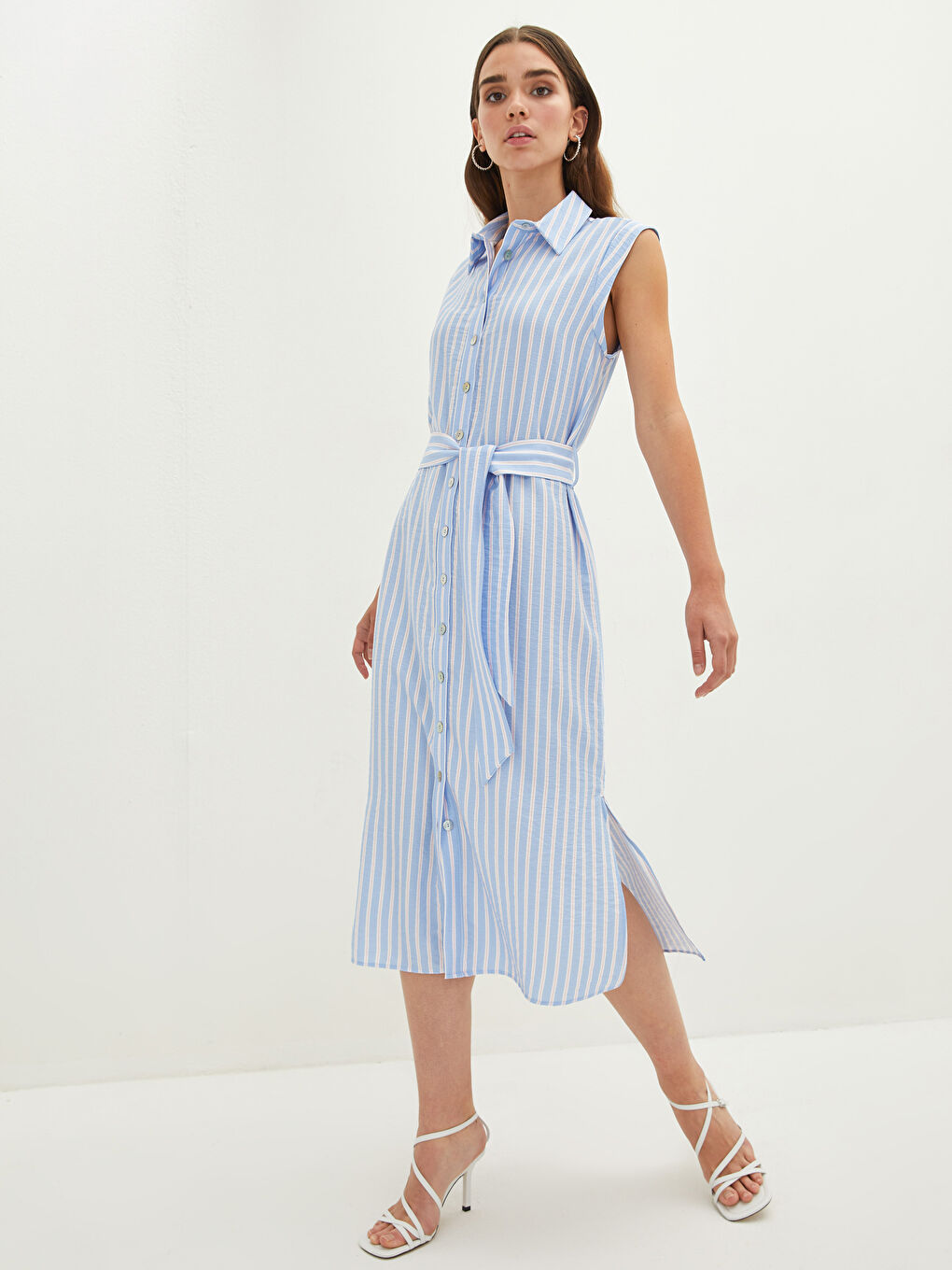 Rochie Femei cu Guler de Cămașă Vărgată Fără Mâneci cu Curea în Talie-2