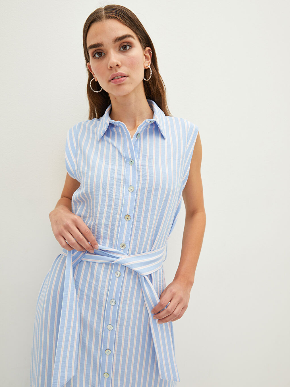 Rochie Femei cu Guler de Cămașă Vărgată Fără Mâneci cu Curea în Talie-3