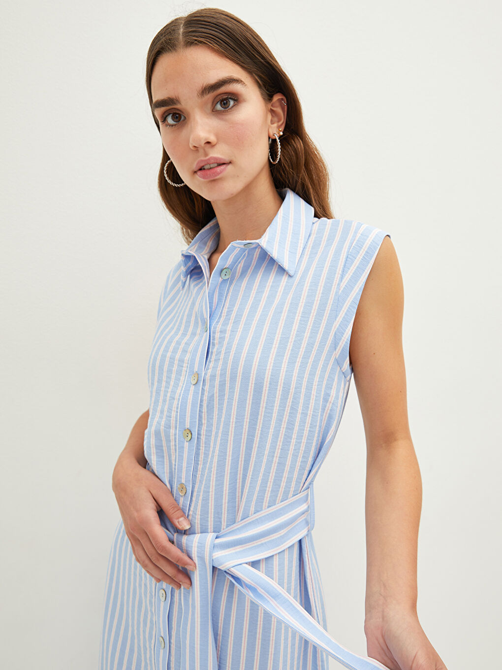 Rochie Femei cu Guler de Cămașă Vărgată Fără Mâneci cu Curea în Talie-4