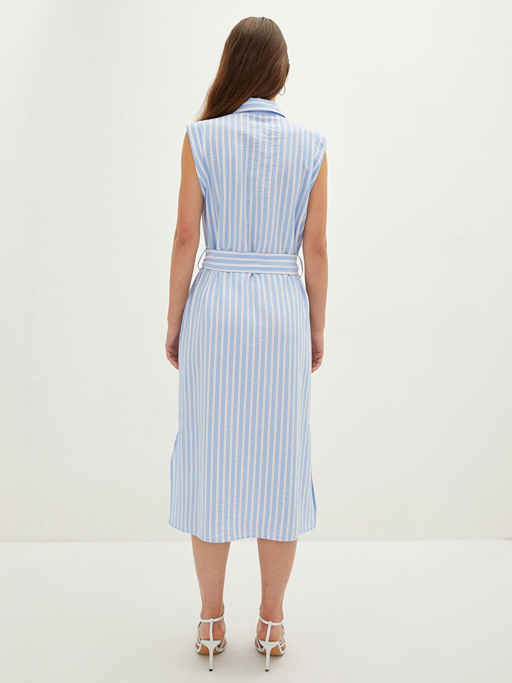 Rochie Femei cu Guler de Cămașă Vărgată Fără Mâneci cu Curea în Talie-5