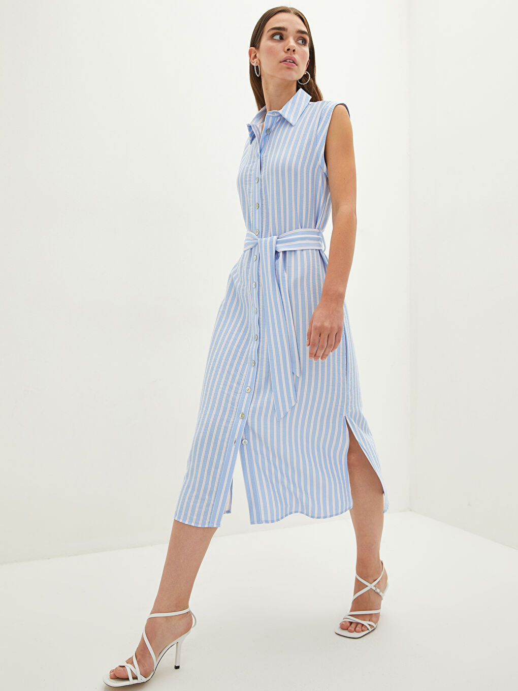 Rochie Femei cu Guler de Cămașă Vărgată Fără Mâneci cu Curea în Talie-1