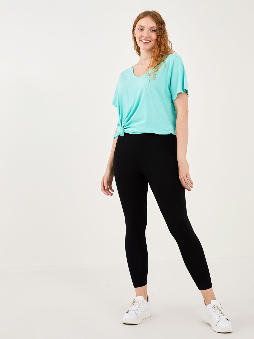 Siyah Kadın Büyük Beden Beli Lastikli Düz Tayt