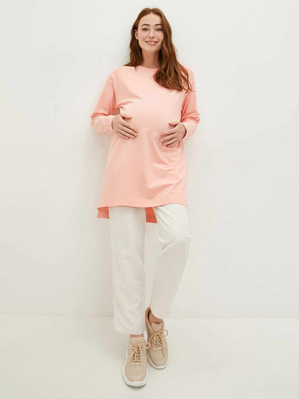 Pembe Bisiklet Yaka Düz Uzun Kollu Hamile Tunik-3