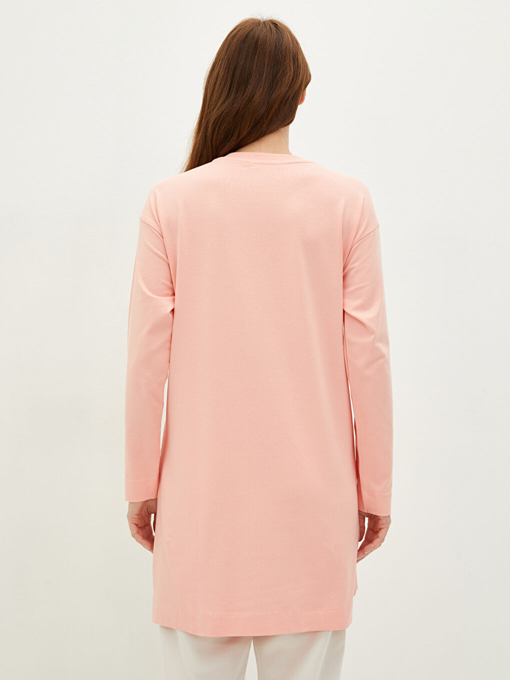 Pembe Bisiklet Yaka Düz Uzun Kollu Hamile Tunik-5