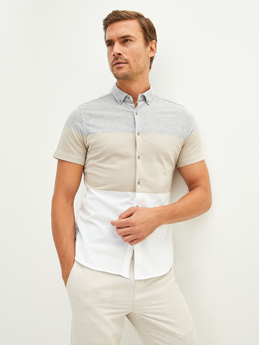 Gri Slim Fit Kısa Kollu Renk Bloklu Erkek Gömlek-2