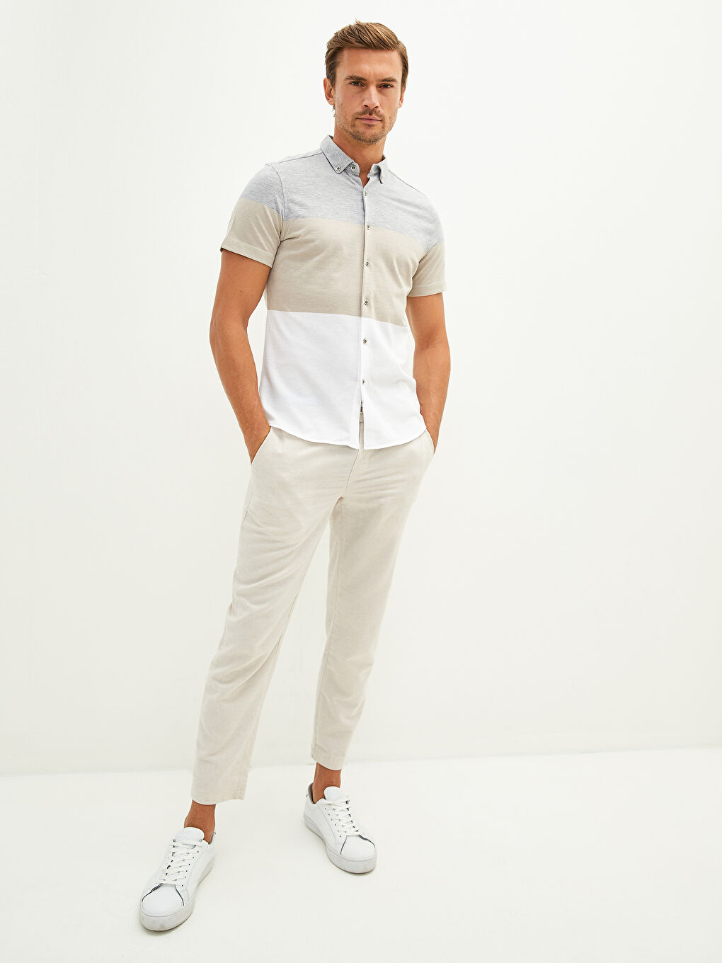 Gri Slim Fit Kısa Kollu Renk Bloklu Erkek Gömlek-3