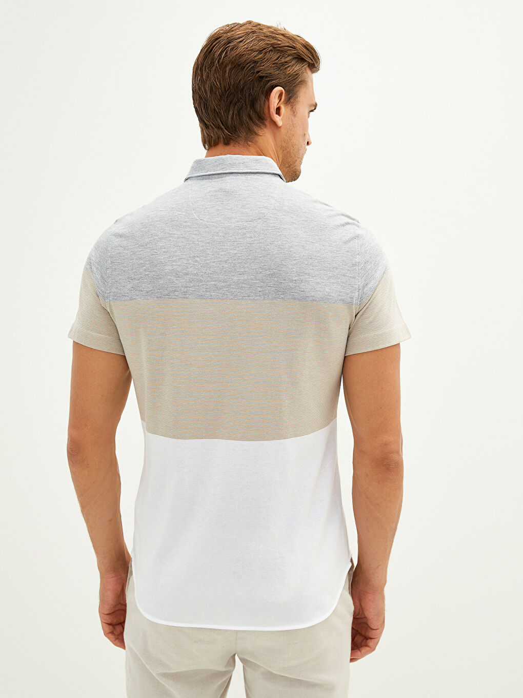 Gri Slim Fit Kısa Kollu Renk Bloklu Erkek Gömlek-4