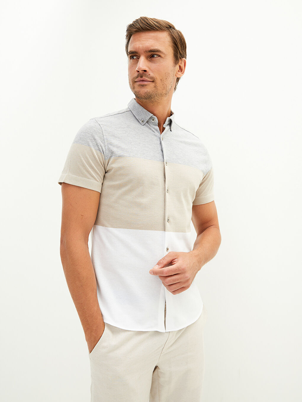 Gri Slim Fit Kısa Kollu Renk Bloklu Erkek Gömlek