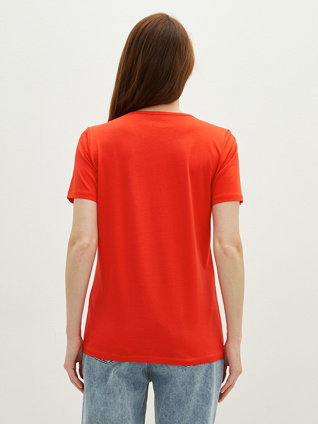 Kırmızı Bisiklet Yaka Düz Kısa Kollu Pamuklu Kadın Tişört-4