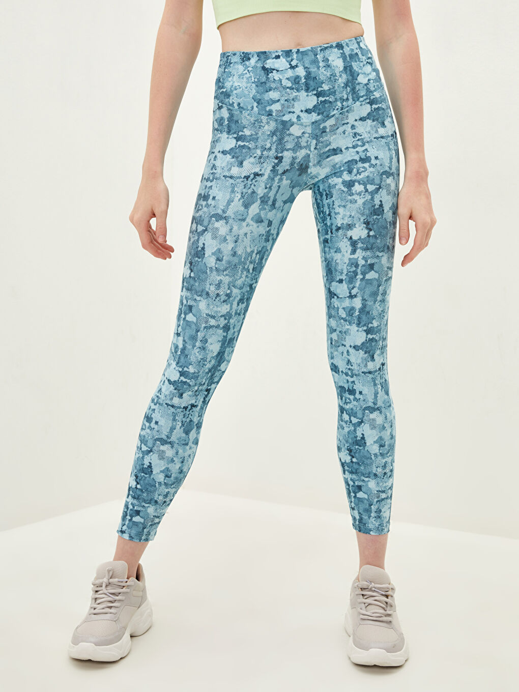 Turkuaz Beli Lastikli Desenli Kadın Spor Tayt-1