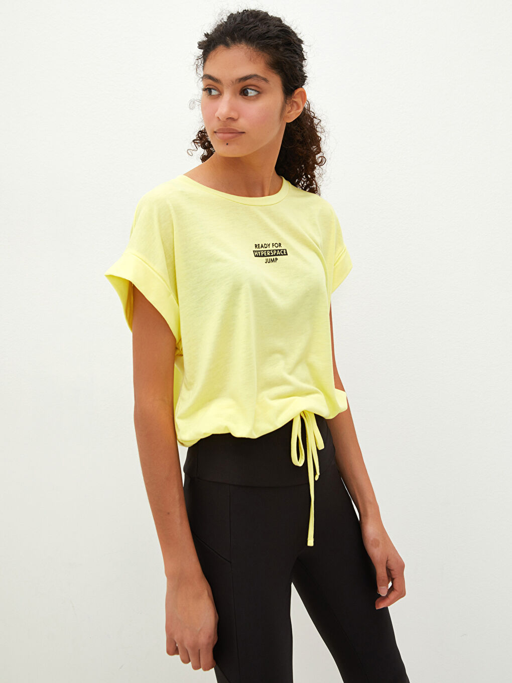 Crew Neck Printed Waist Tie Detail Women's Sports T-Shirt-1