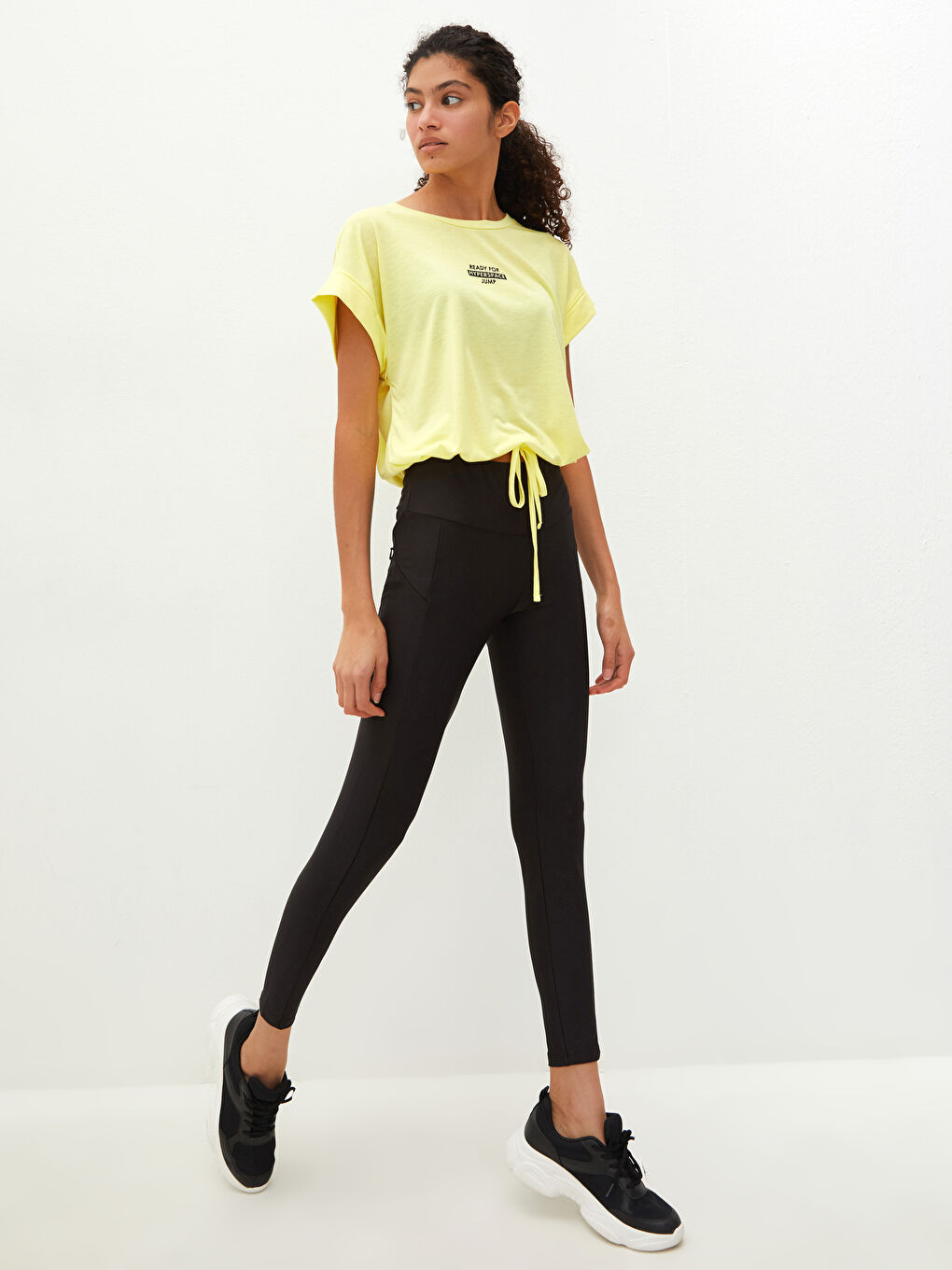 Crew Neck Printed Waist Tie Detail Women's Sports T-Shirt-2