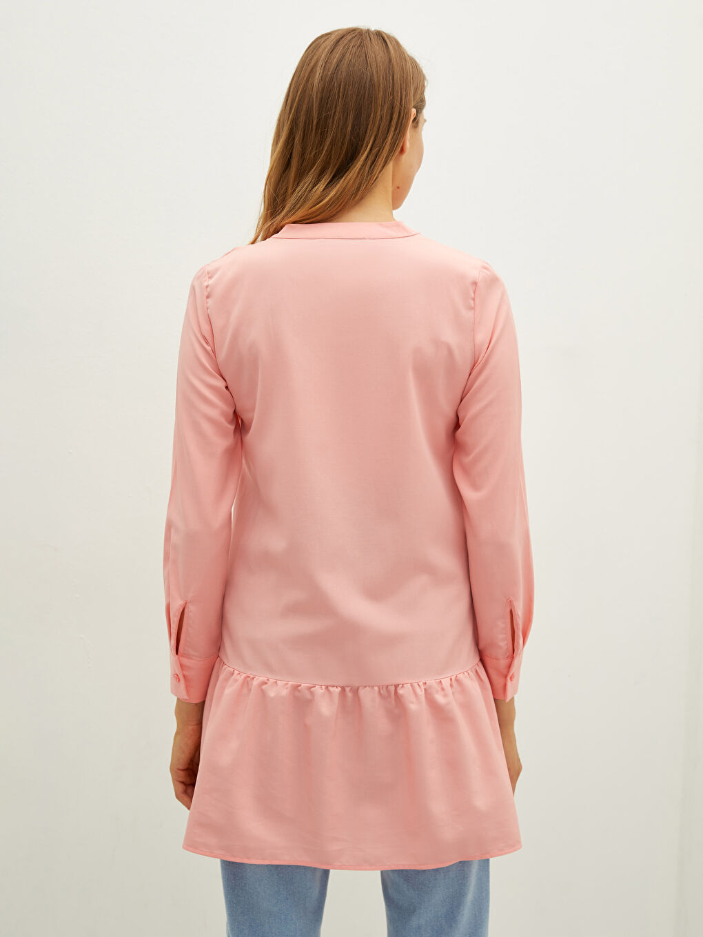 Pembe Hakim Yaka Düz Uzun Kollu Poplin Hamile Tunik-4