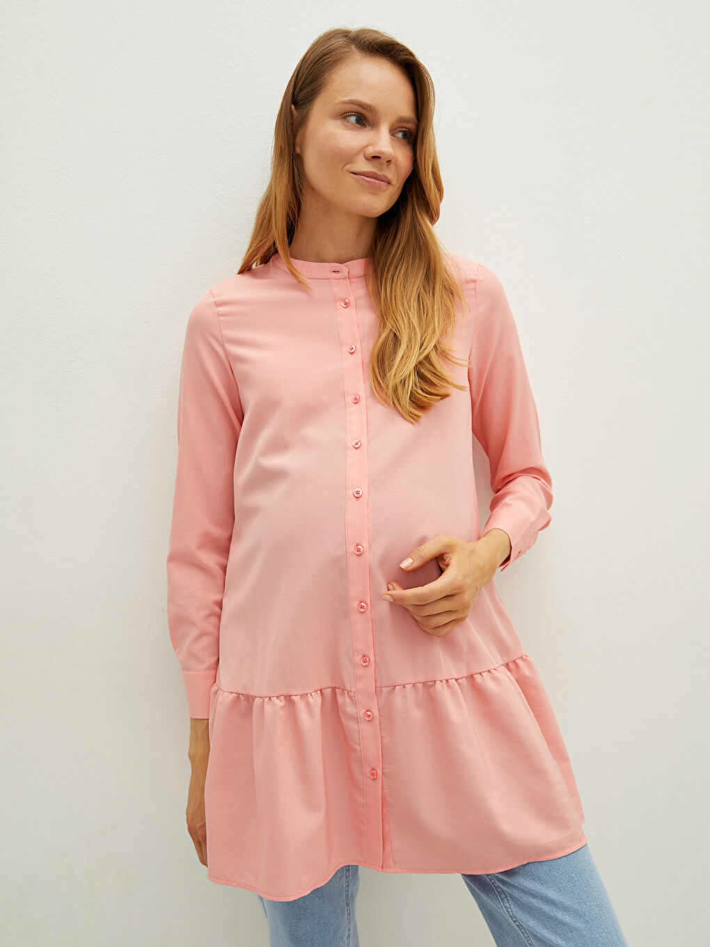 Pembe Hakim Yaka Düz Uzun Kollu Poplin Hamile Tunik-1