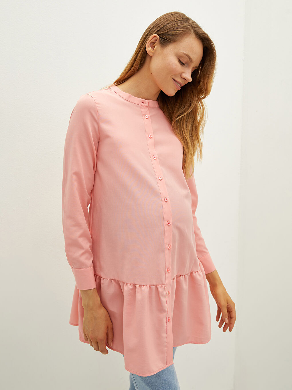 Pembe Hakim Yaka Düz Uzun Kollu Poplin Hamile Tunik-2