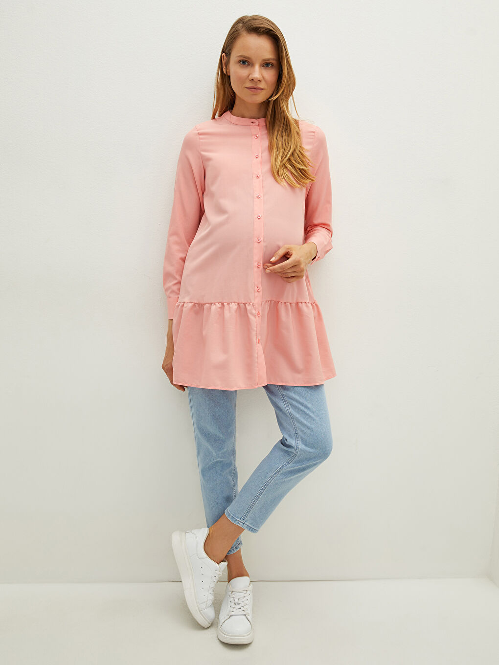 Pembe Hakim Yaka Düz Uzun Kollu Poplin Hamile Tunik-3