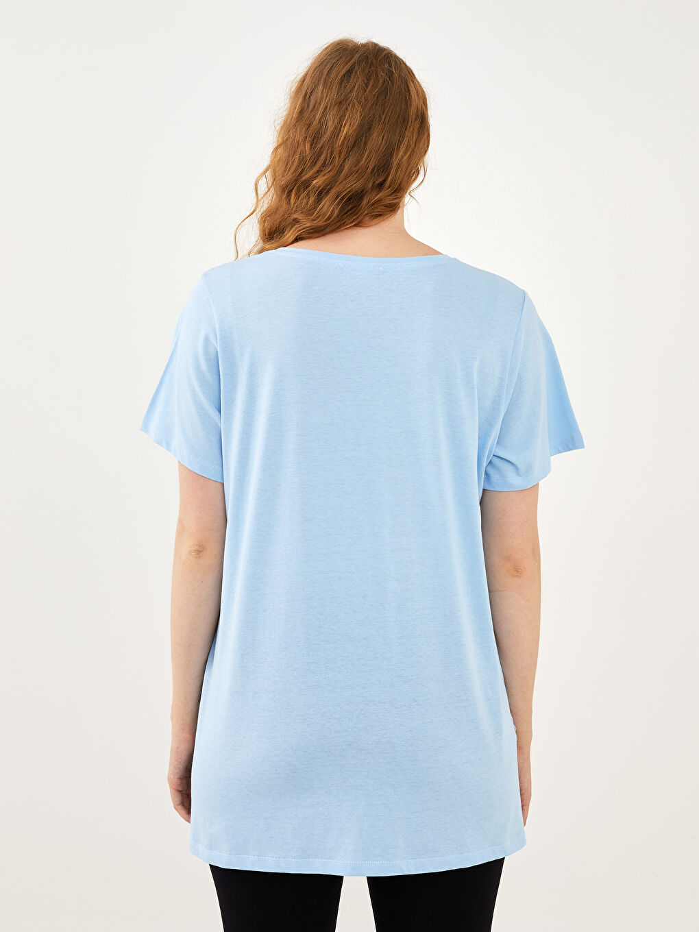 Mavi Büyük Beden Bisiklet Yaka Düz Kısa Kollu Kadın Tişört-10