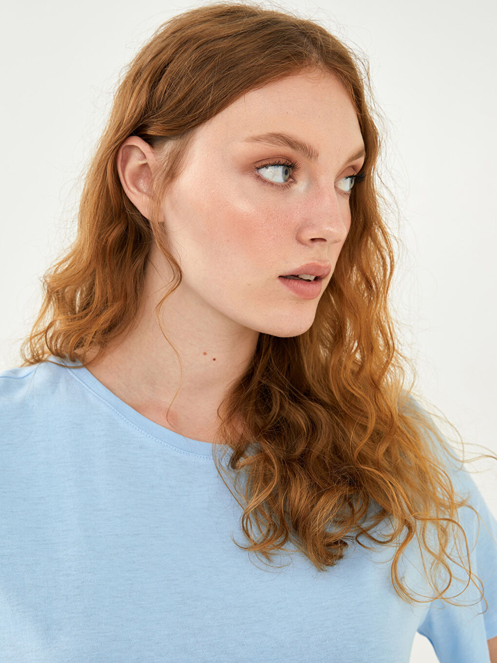 Mavi Büyük Beden Bisiklet Yaka Düz Kısa Kollu Kadın Tişört-4