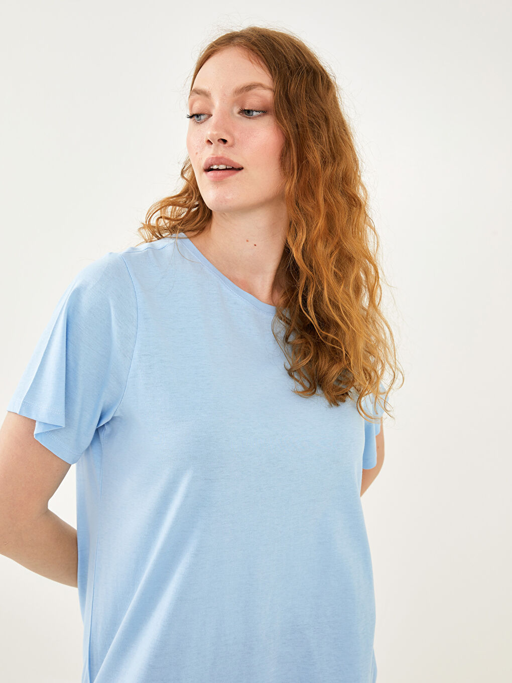 Mavi Büyük Beden Bisiklet Yaka Düz Kısa Kollu Kadın Tişört-6