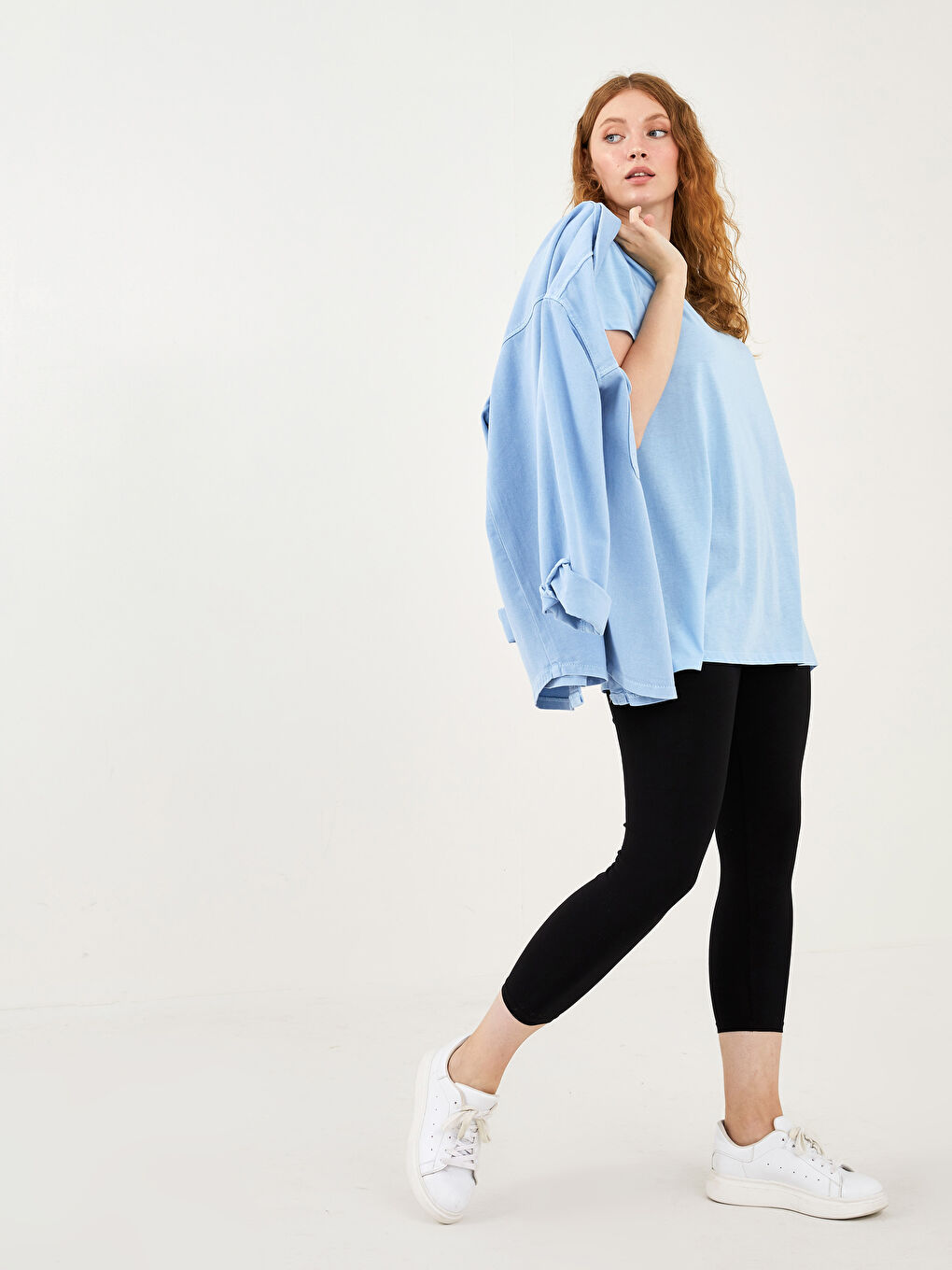 Mavi Büyük Beden Bisiklet Yaka Düz Kısa Kollu Kadın Tişört-8