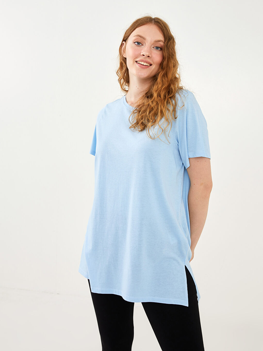 Mavi Büyük Beden Bisiklet Yaka Düz Kısa Kollu Kadın Tişört-2