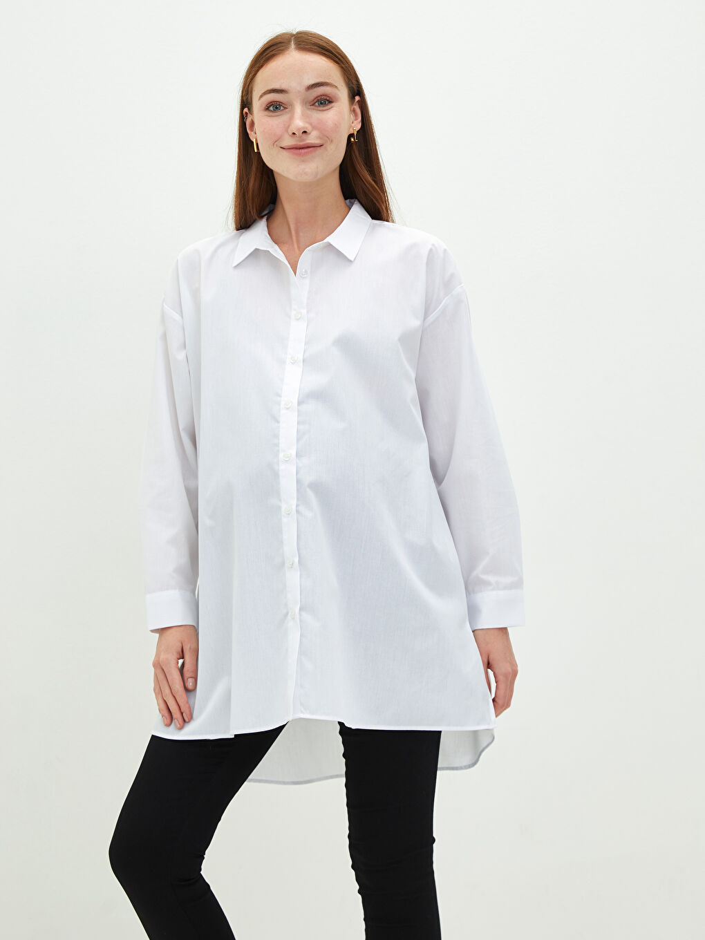 Beyaz Düz Uzun Kollu Poplin Hamile Gömlek Tunik