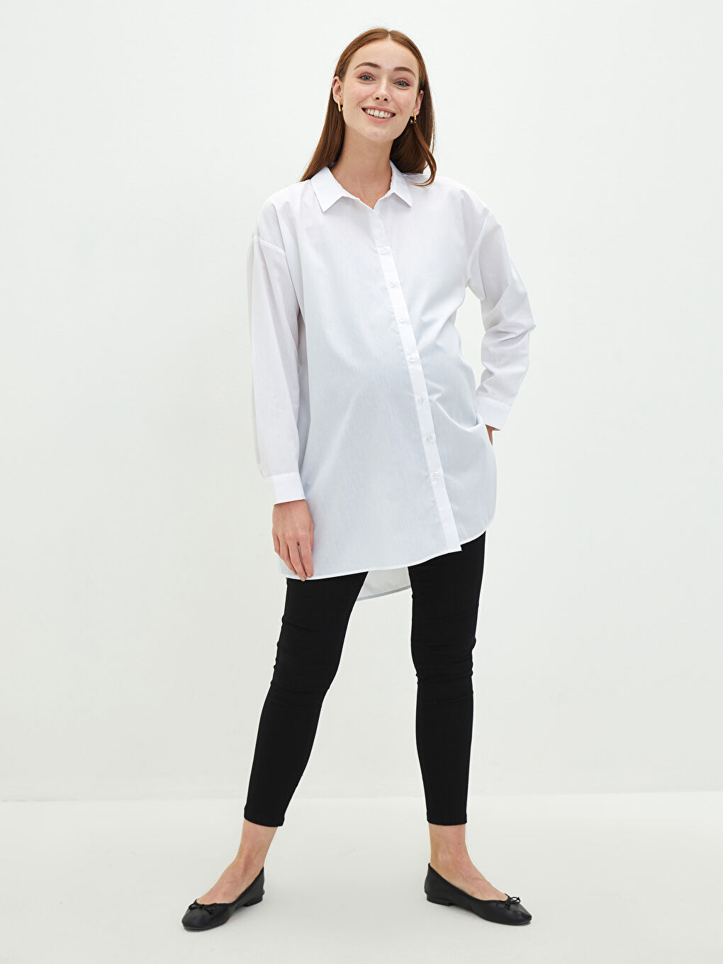 Beyaz Düz Uzun Kollu Poplin Hamile Gömlek Tunik-2