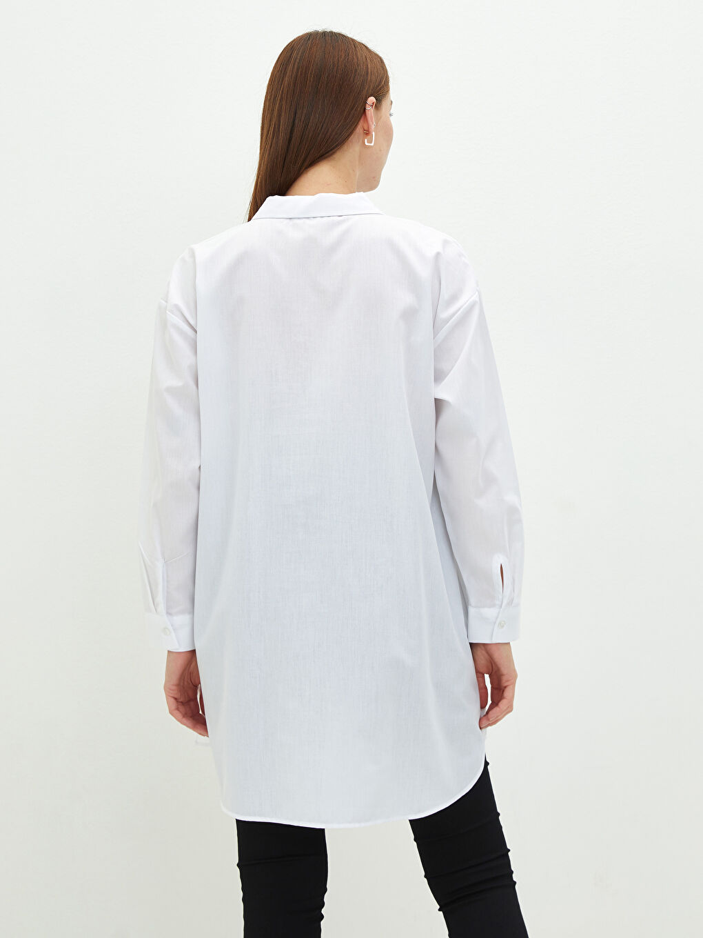 Beyaz Düz Uzun Kollu Poplin Hamile Gömlek Tunik-3