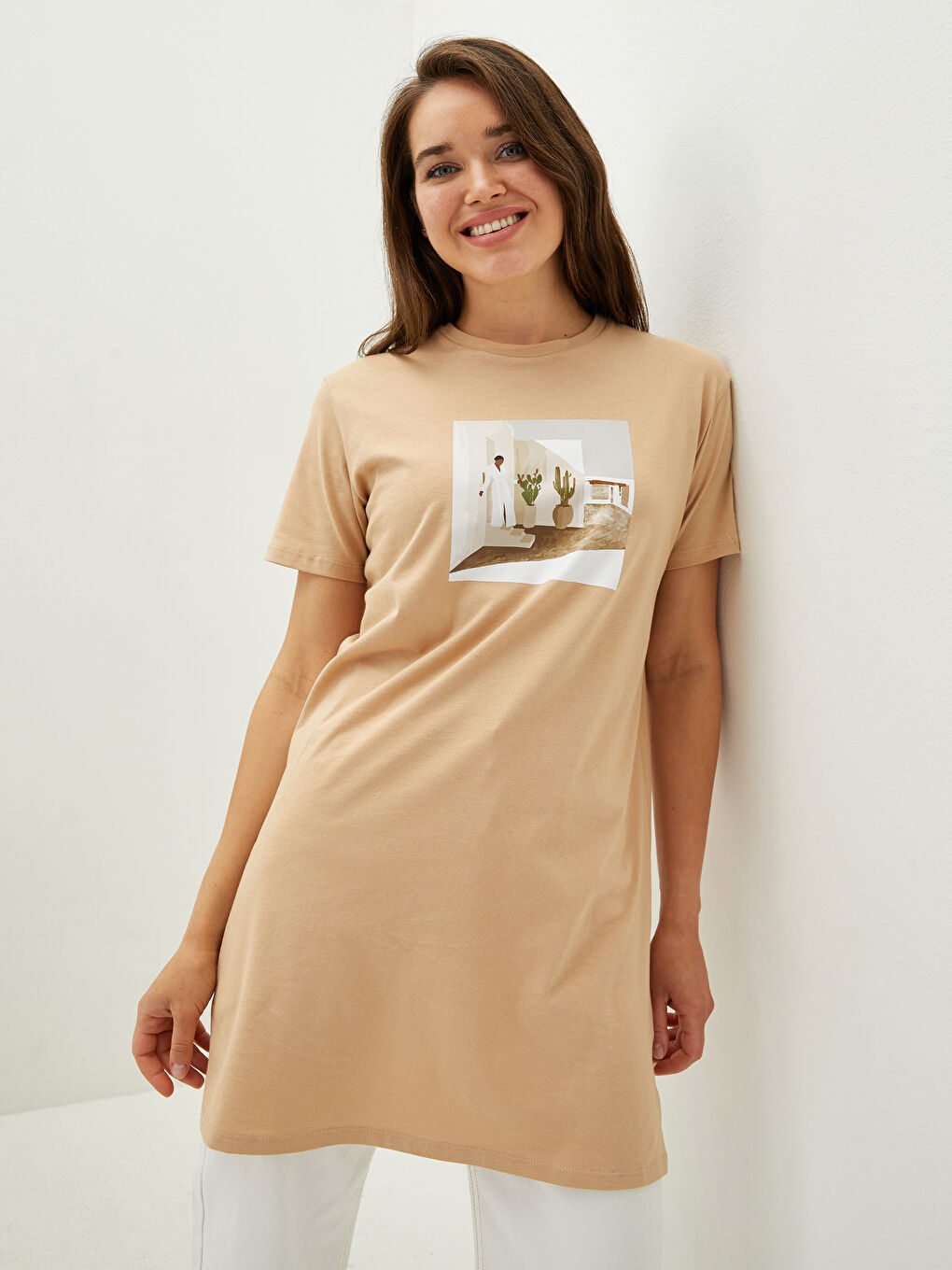 تونيك قطن كم قصير مطبوع بياقة دائرية للسيدات-1