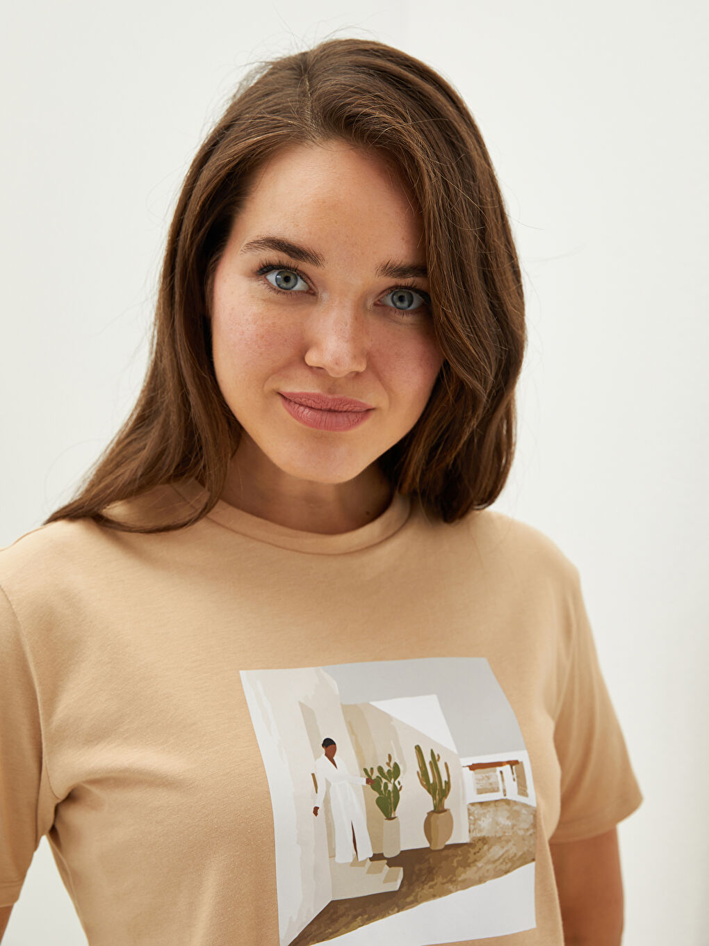 تونيك قطن كم قصير مطبوع بياقة دائرية للسيدات-3