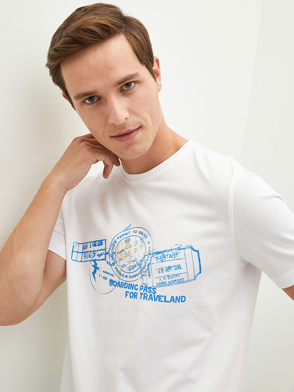 Beyaz Bisiklet Yaka Kısa Kollu Baskılı Penye Erkek Tişört-1