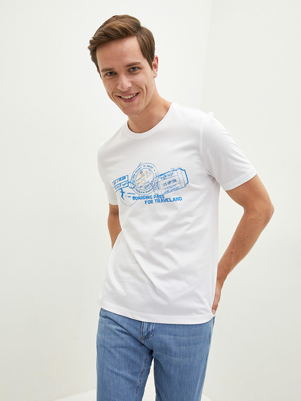 Beyaz Bisiklet Yaka Kısa Kollu Baskılı Penye Erkek Tişört-2