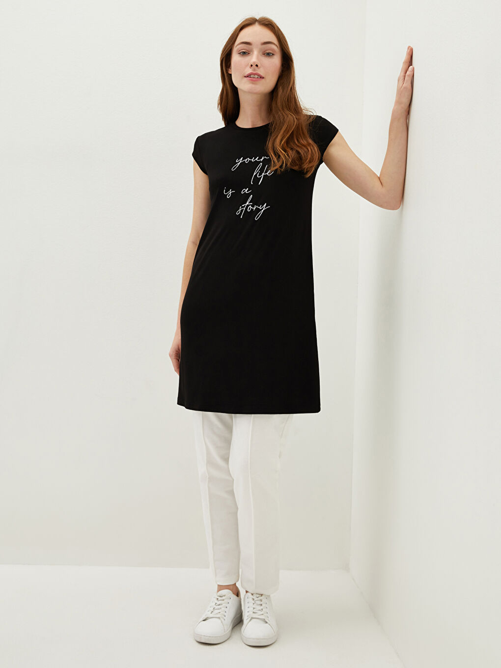 LC Waikiki Crew Neck Slogan Printed Short Sleeve Women's Tunic -S1LH78Z8-CVL