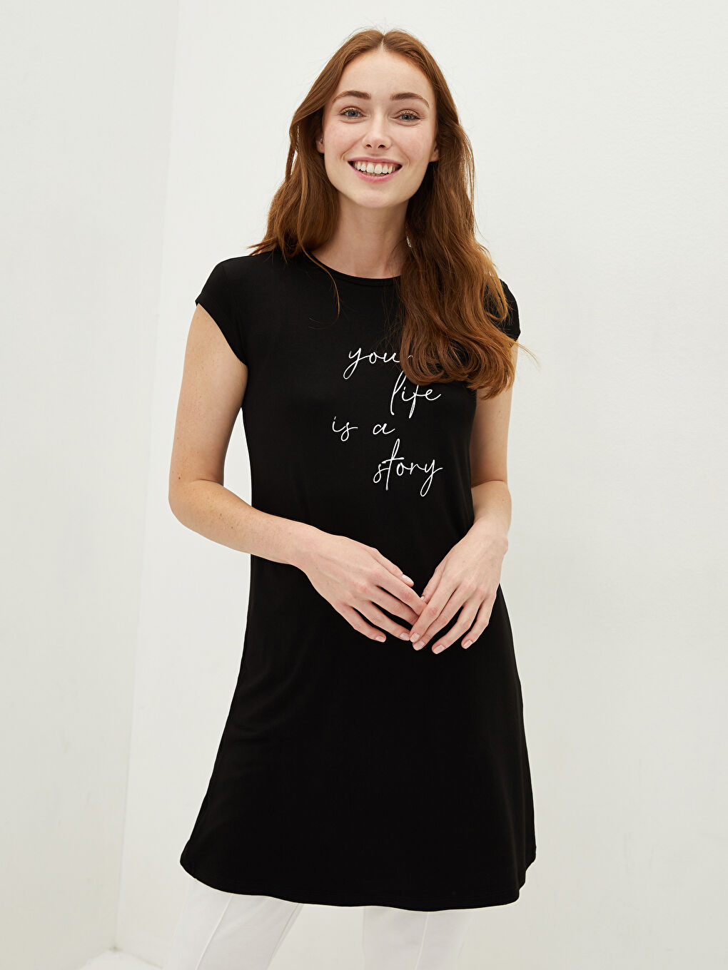 LC Waikiki Crew Neck Slogan Printed Short Sleeve Women's Tunic -S1LH78Z8-CVL
