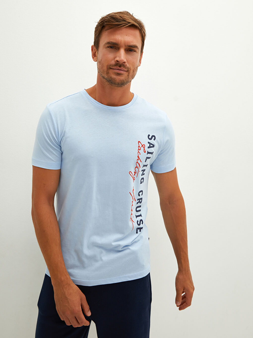 Lila Bisiklet Yaka Kısa Kollu Baskılı Penye Erkek Tişört-2