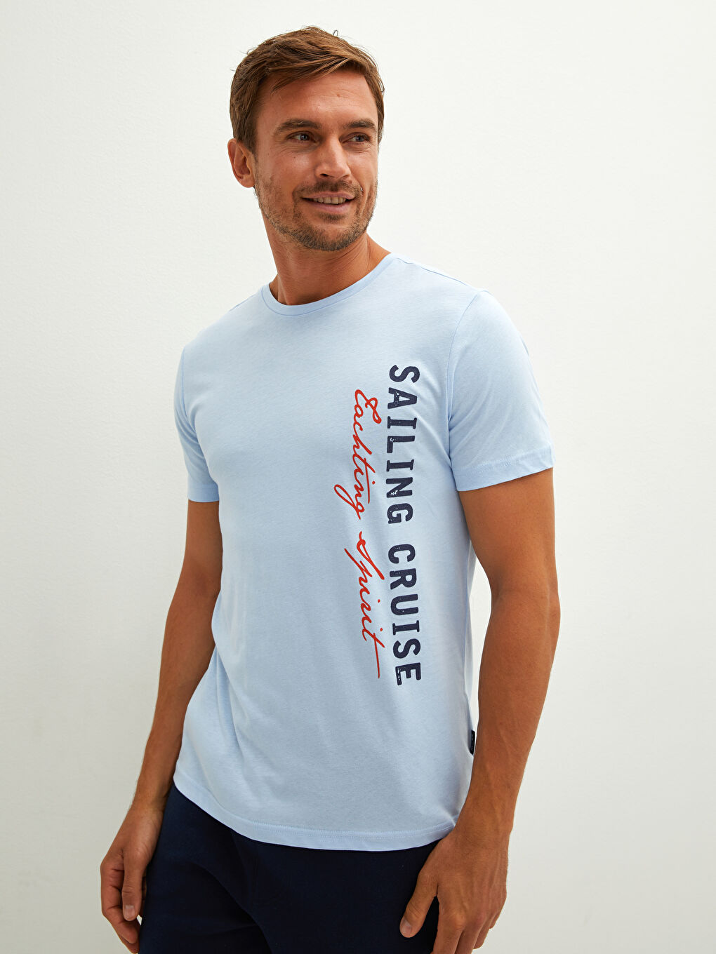 Lila Bisiklet Yaka Kısa Kollu Baskılı Penye Erkek Tişört