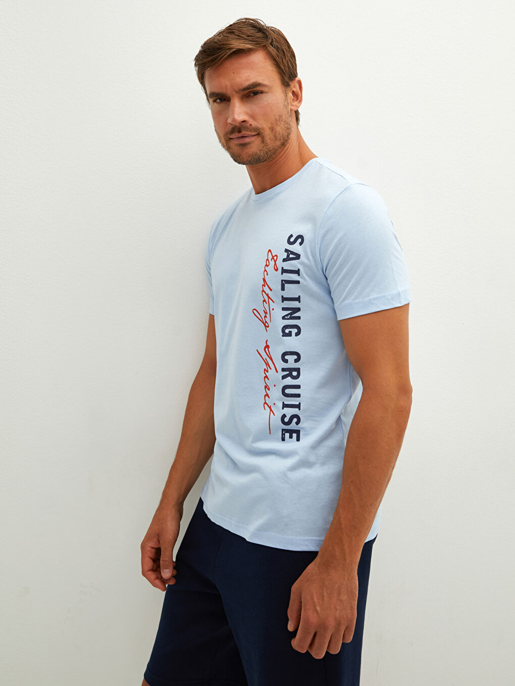 Lila Bisiklet Yaka Kısa Kollu Baskılı Penye Erkek Tişört-1