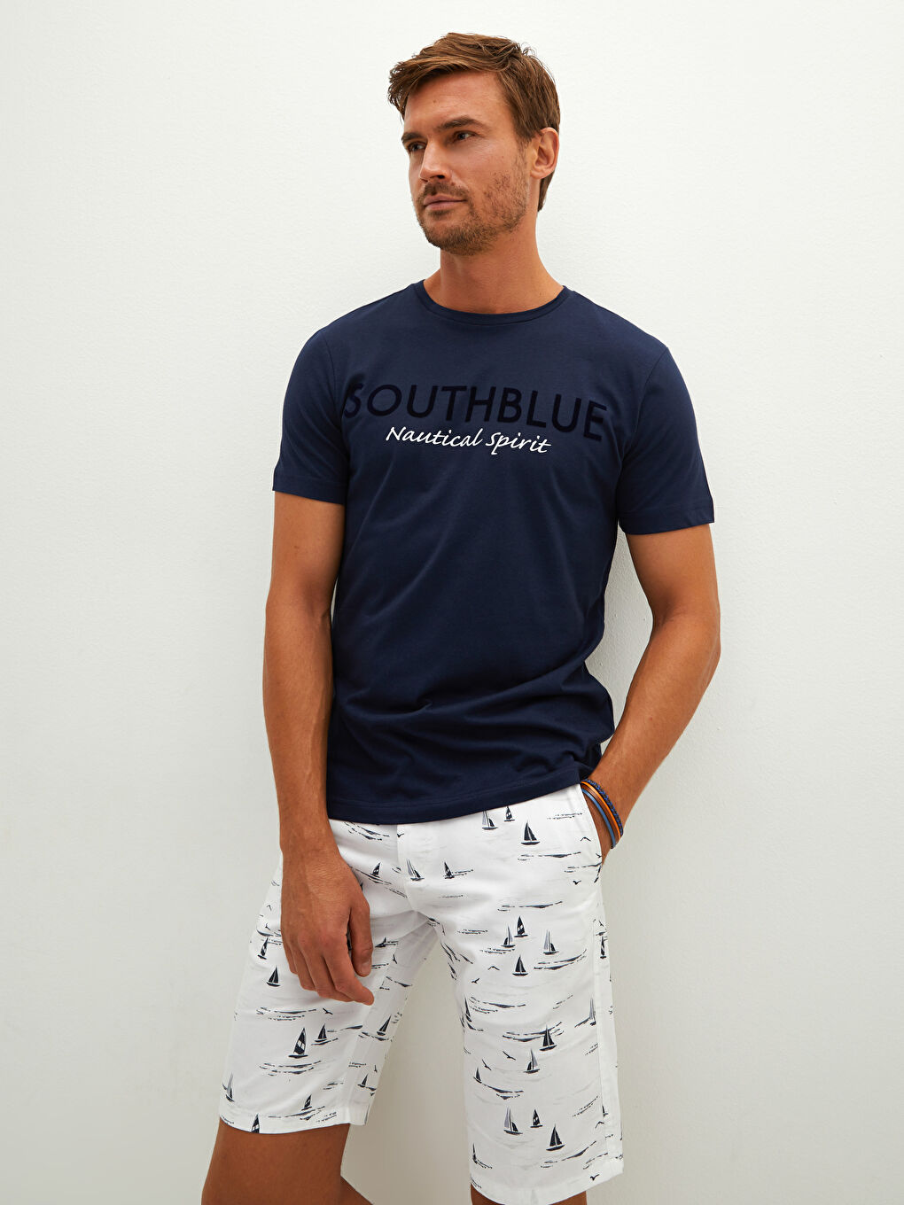 Lacivert Bisiklet Yaka Kısa Kollu Baskılı Penye Erkek Tişört-1