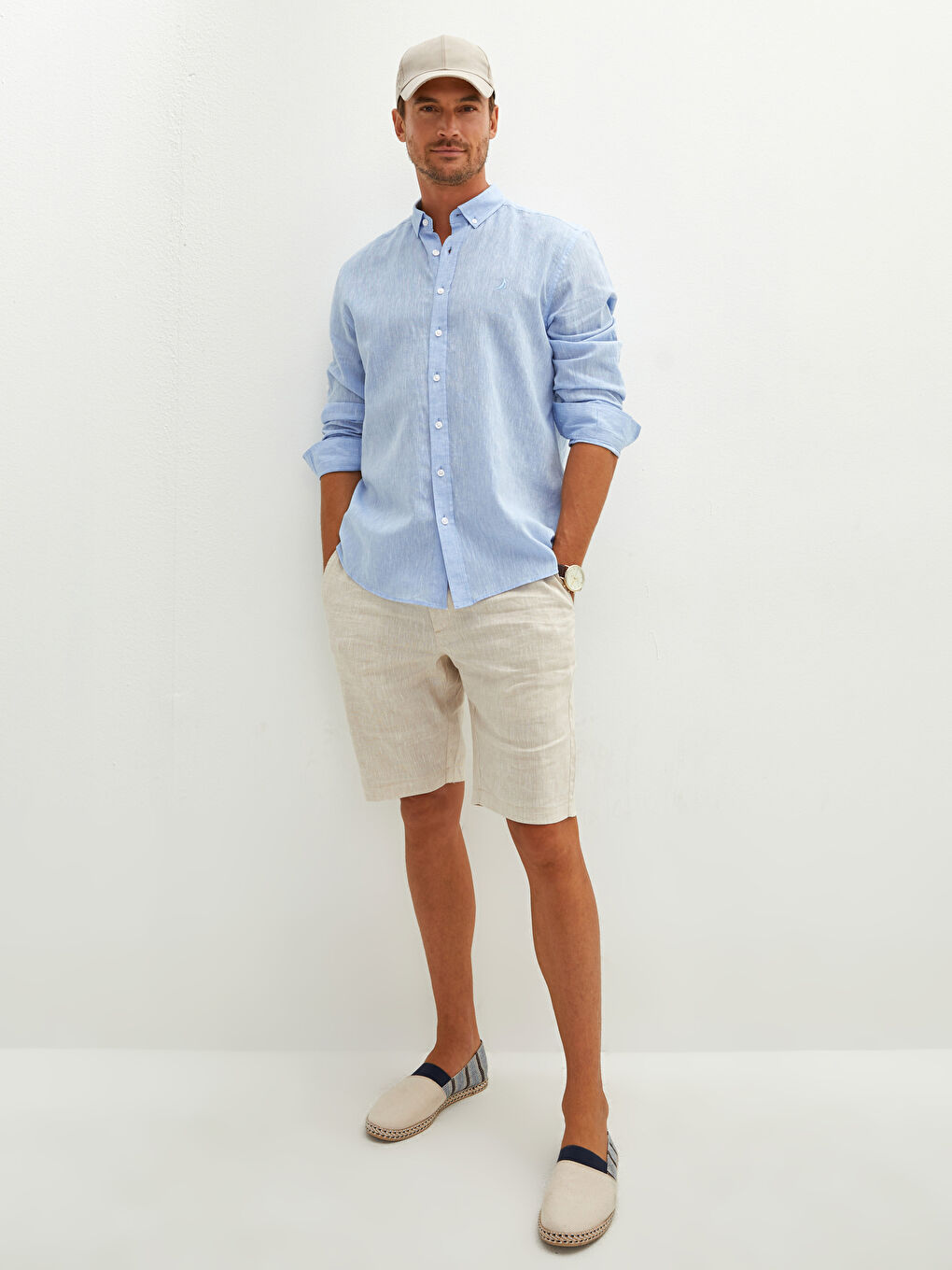 Рубашка Мужская Льняная Стандартного Кроя С Длинным Рукавом-3