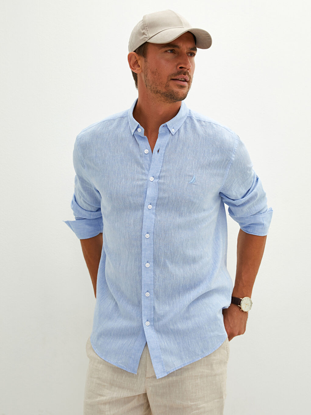 Рубашка Мужская Льняная Стандартного Кроя С Длинным Рукавом-1
