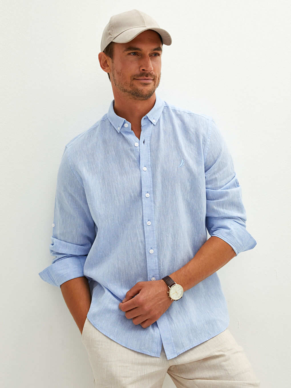 Рубашка Мужская Льняная Стандартного Кроя С Длинным Рукавом-2